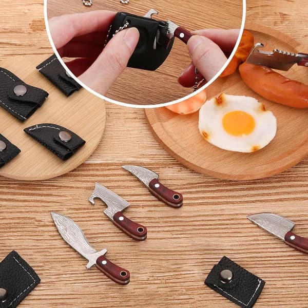 Damascus Mini Pocket Knife Set with Sharpener & Box