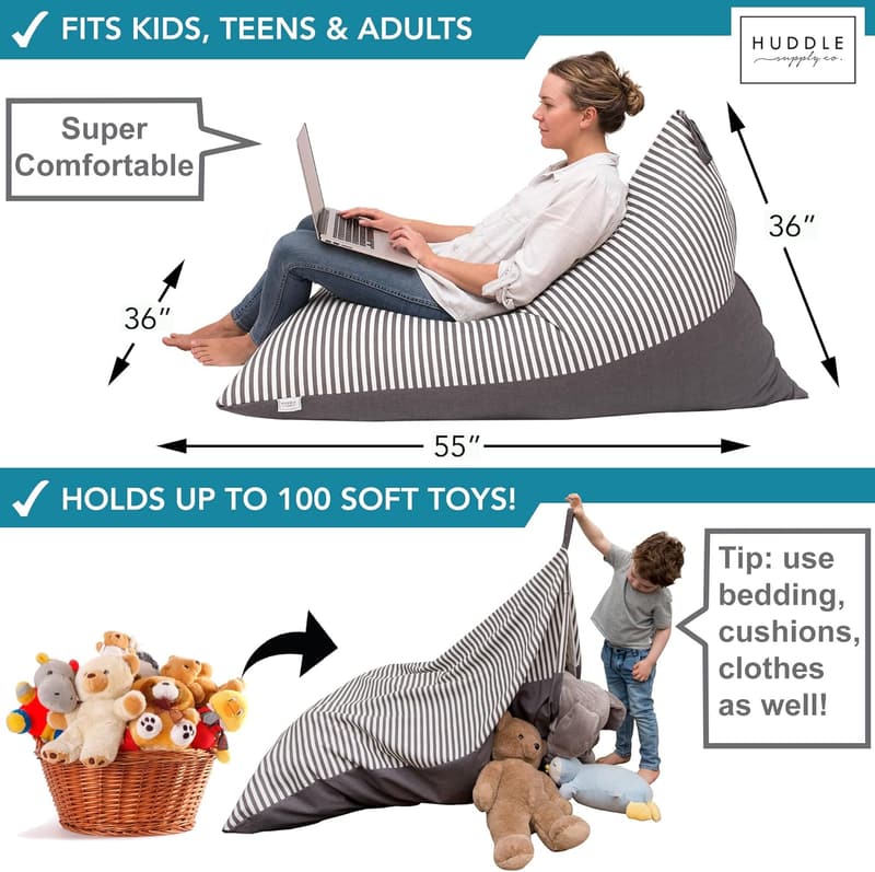 Extra Large Grey Stripe Stuffed Animal Storage Bean Bag Chair