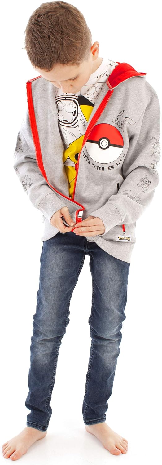 Boys' Zip-Up Grey Pokémon Hoodie for All Seasons