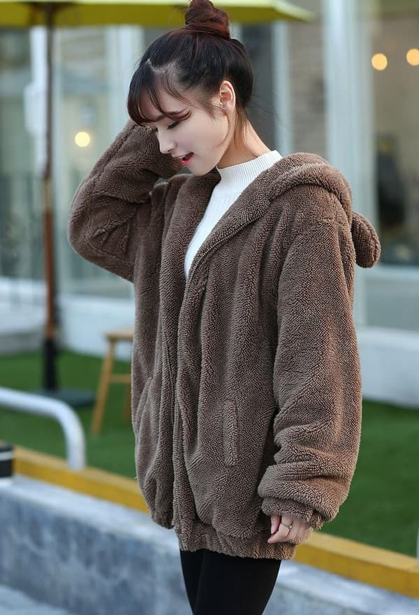 Fluffy 2-Ply Sherpa Bear Tail Hoodie for Women
