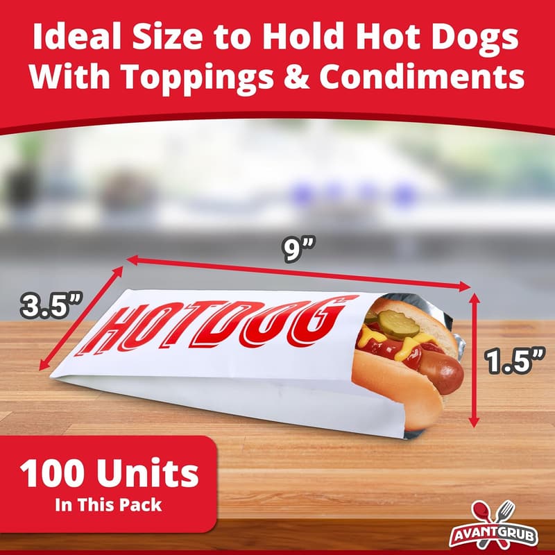 Foil Hot Dog Wrapper Bags - 100 Pack, Durable Party Supplies