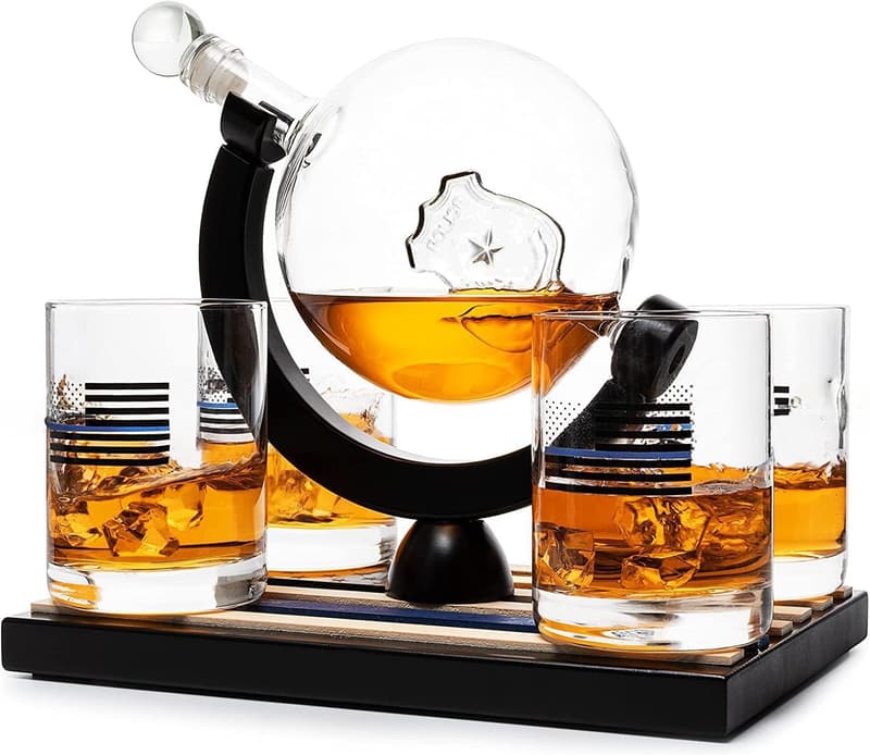 Thin Blue Line Whiskey Decanter Set with Glasses - Police Gifts for Dad