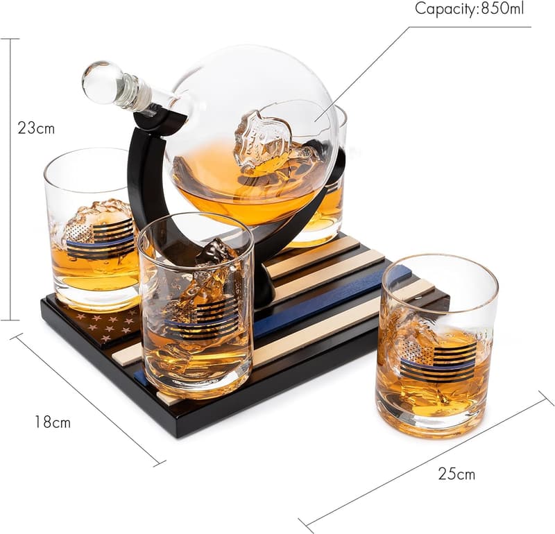 Thin Blue Line Whiskey Decanter Set with Glasses - Police Gifts for Dad