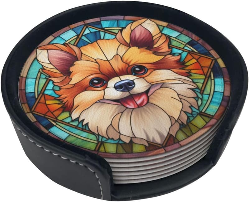 Pomeranian Dog Mom Leather Drink Coasters Set of 6