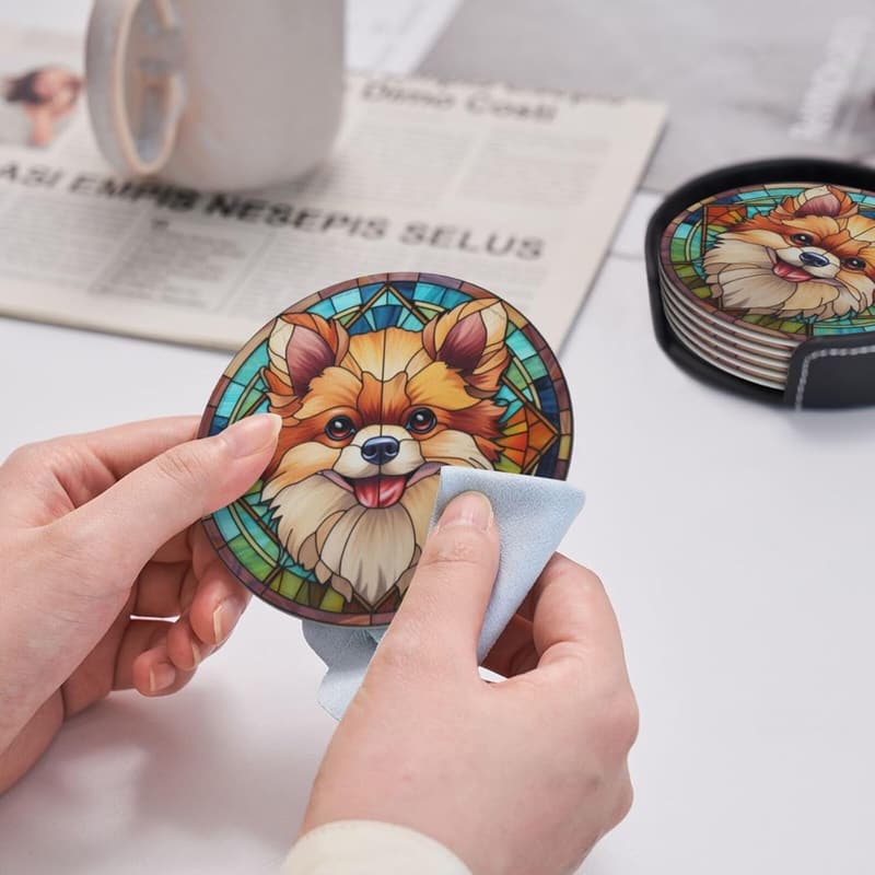 Pomeranian Dog Mom Leather Drink Coasters Set of 6