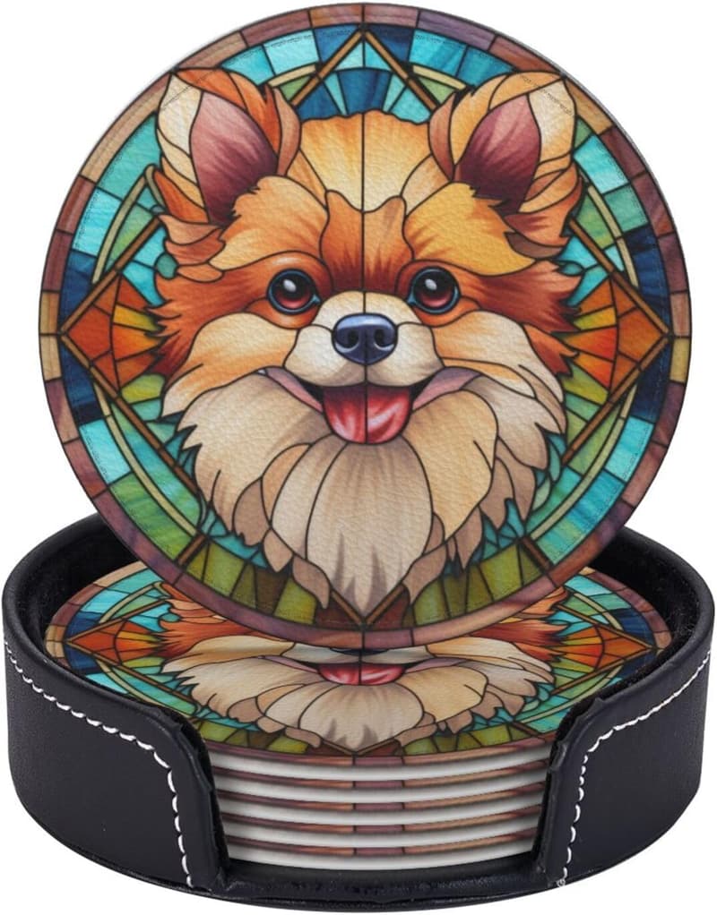 Pomeranian Dog Mom Leather Drink Coasters Set of 6