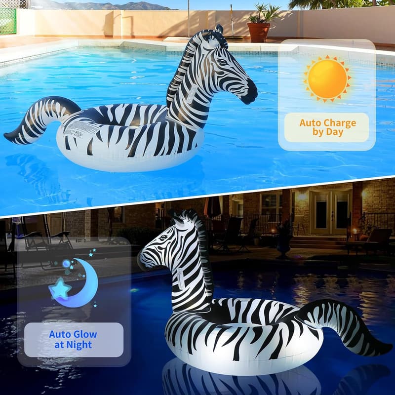 Large Inflatable Zebra Pool Float with Solar Lights