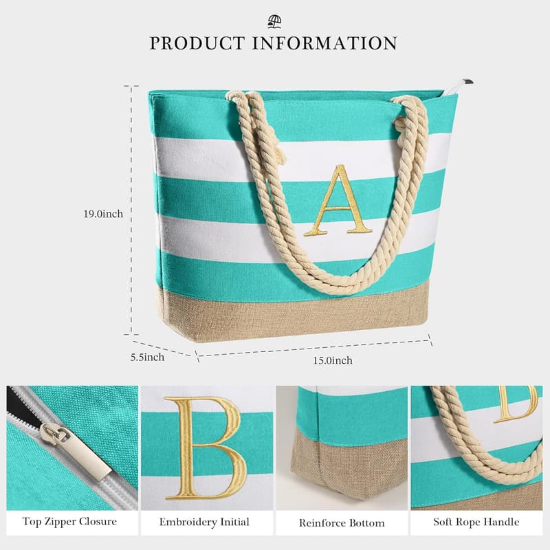 Personalized Initial Canvas Beach Tote Bag for Women