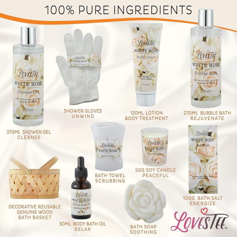 Mother's Day Spa Gift Basket for Women, White Rose Set