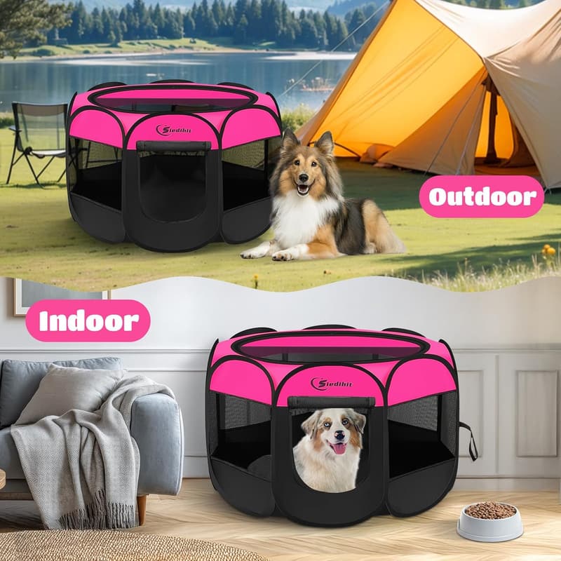 Portable Hot Pink Dog Playpen with Removable Zipper Top