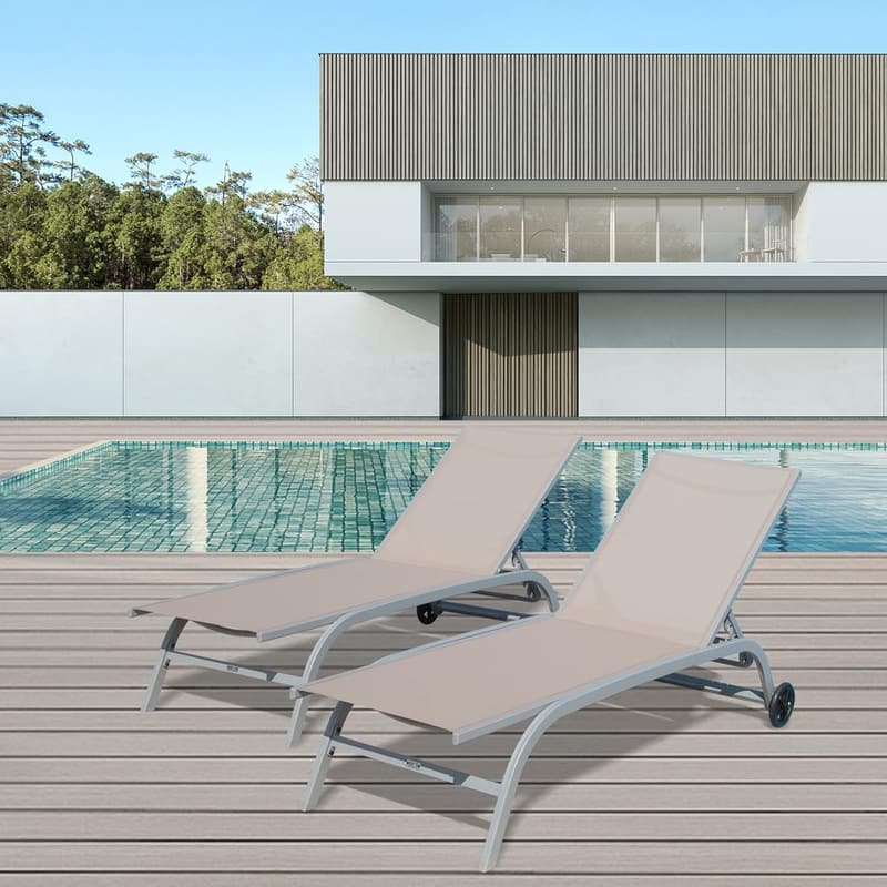 Outdoor Chaise Lounge Set of 2 - Adjustable Pool Chairs, Khaki