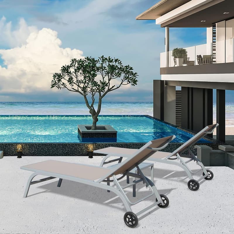 Outdoor Chaise Lounge Set of 2 - Adjustable Pool Chairs, Khaki