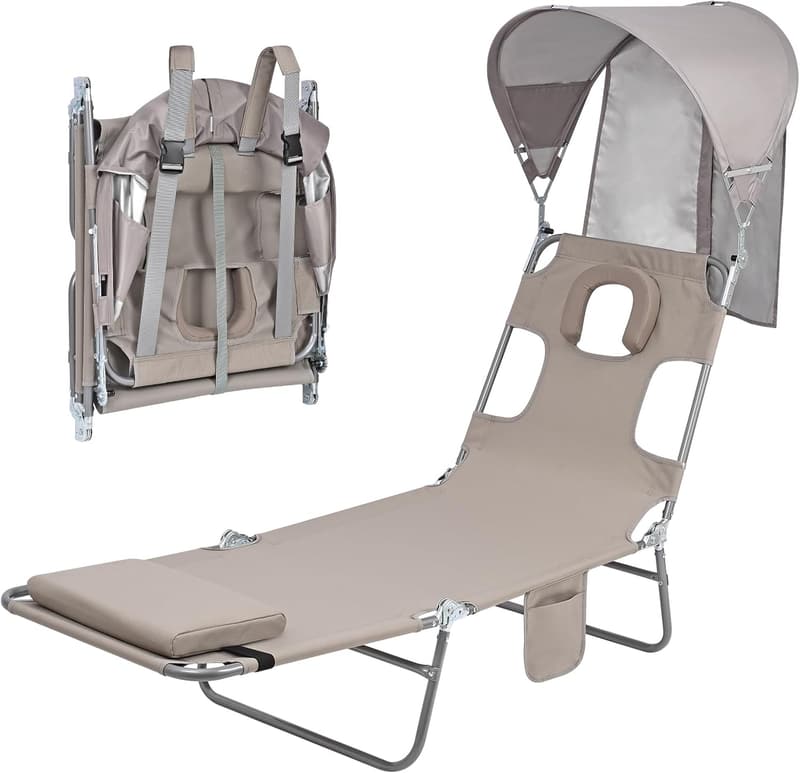 Folding Beach Tanning Chair with Canopy & Face Hole, UPF 50+
