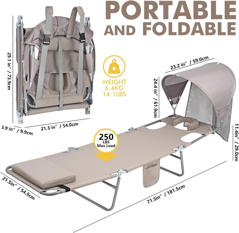 Folding Beach Tanning Chair with Canopy & Face Hole, UPF 50+