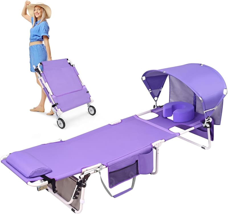 Heavy-Duty Folding Tanning Chair with Canopy & Wheels, UPF 50+