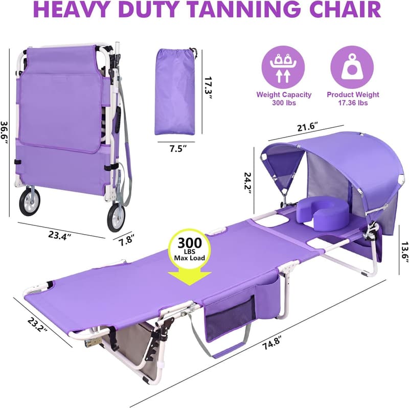 Heavy-Duty Folding Tanning Chair with Canopy & Wheels, UPF 50+