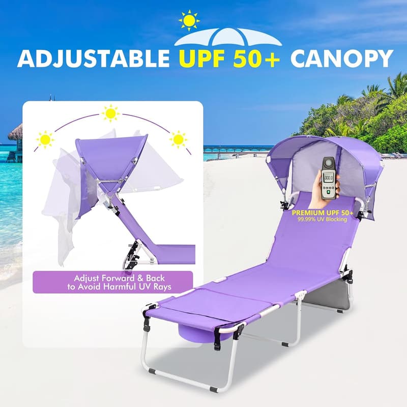 Heavy-Duty Folding Tanning Chair with Canopy & Wheels, UPF 50+