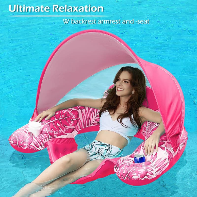 Inflatable Pool Float with Canopy and Cup Holders for Adults