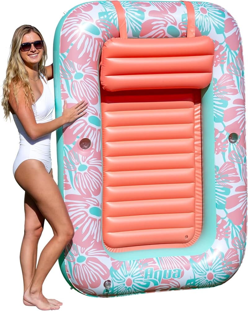 Large Aqua Inflatable Tanning Pool Lounger with Cupholders