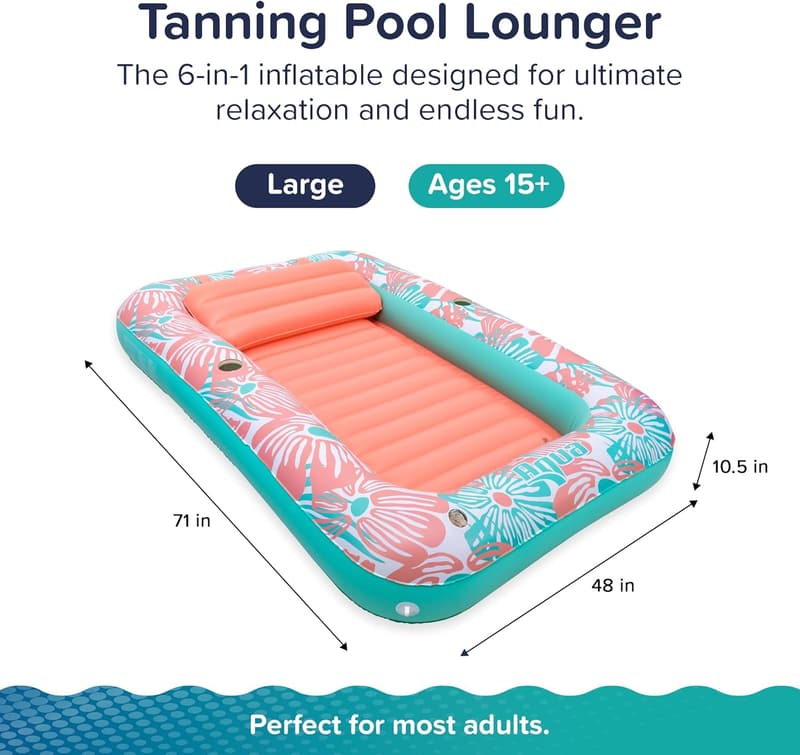 Large Aqua Inflatable Tanning Pool Lounger with Cupholders