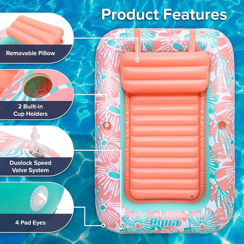 Large Aqua Inflatable Tanning Pool Lounger with Cupholders