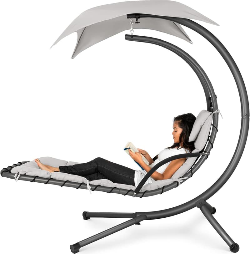 Outdoor Curved Steel Chaise Lounge Swing Chair with Canopy - White Sand