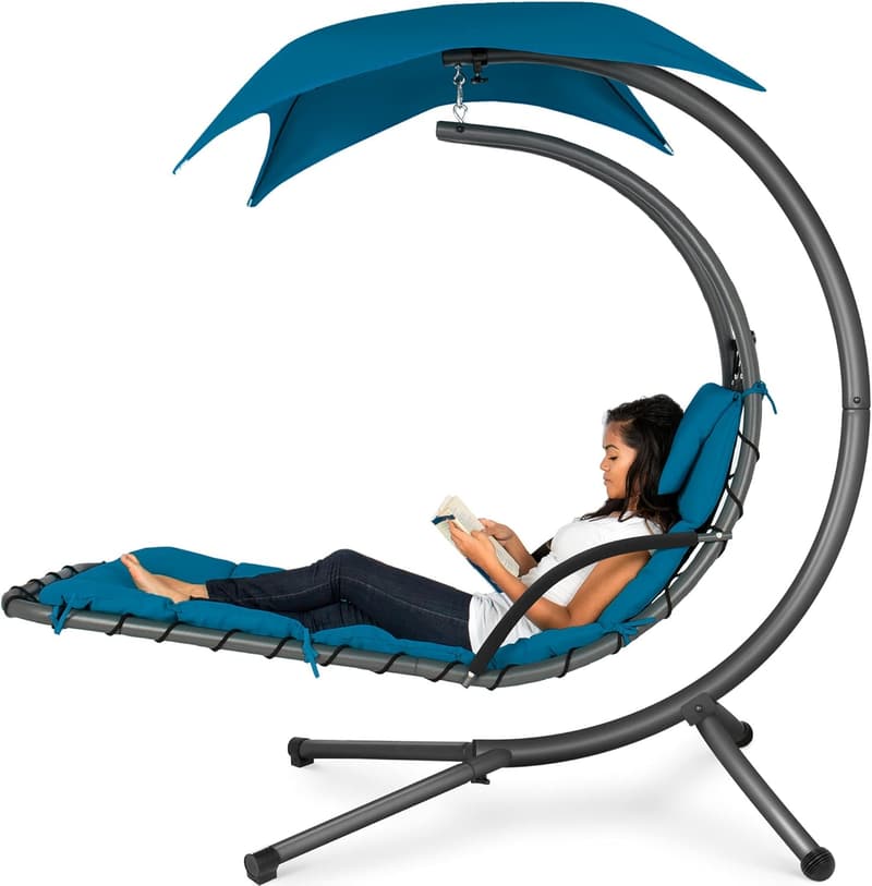 Outdoor Curved Steel Chaise Lounge Chair Swing with Canopy - Peacock Blue