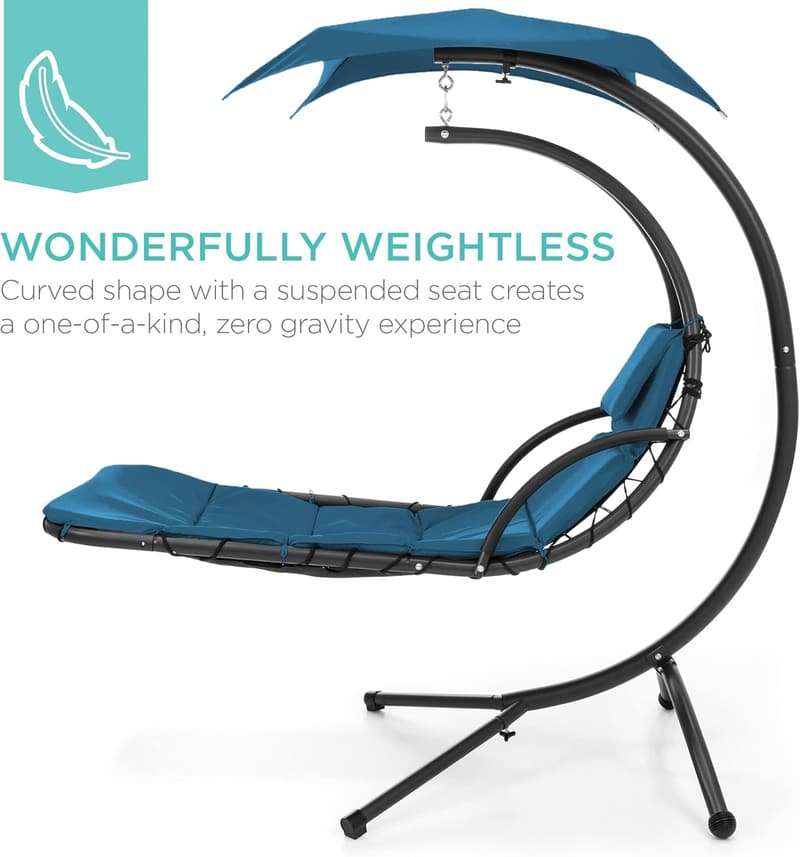 Outdoor Curved Steel Chaise Lounge Chair Swing with Canopy - Peacock Blue