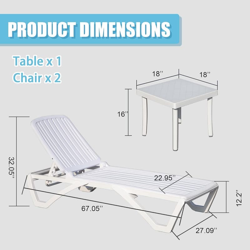 Outdoor Chaise Lounge Set with Adjustable Recliners & Side Table
