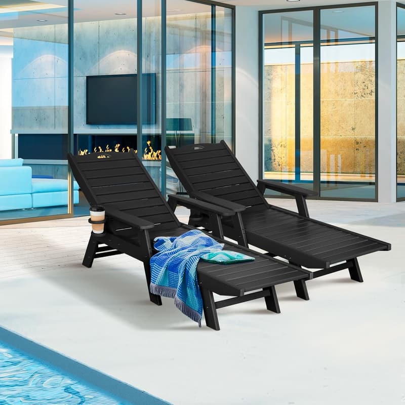 Outdoor Chaise Lounge Set with 5-Position Backrest - Black