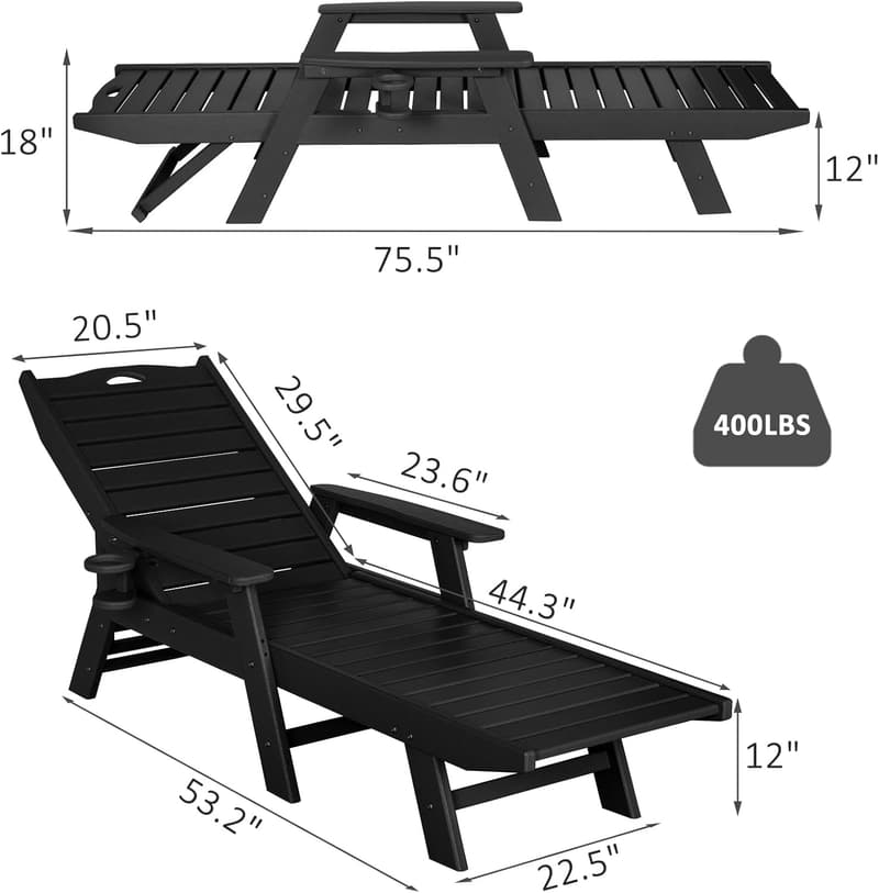 Outdoor Chaise Lounge Set with 5-Position Backrest - Black