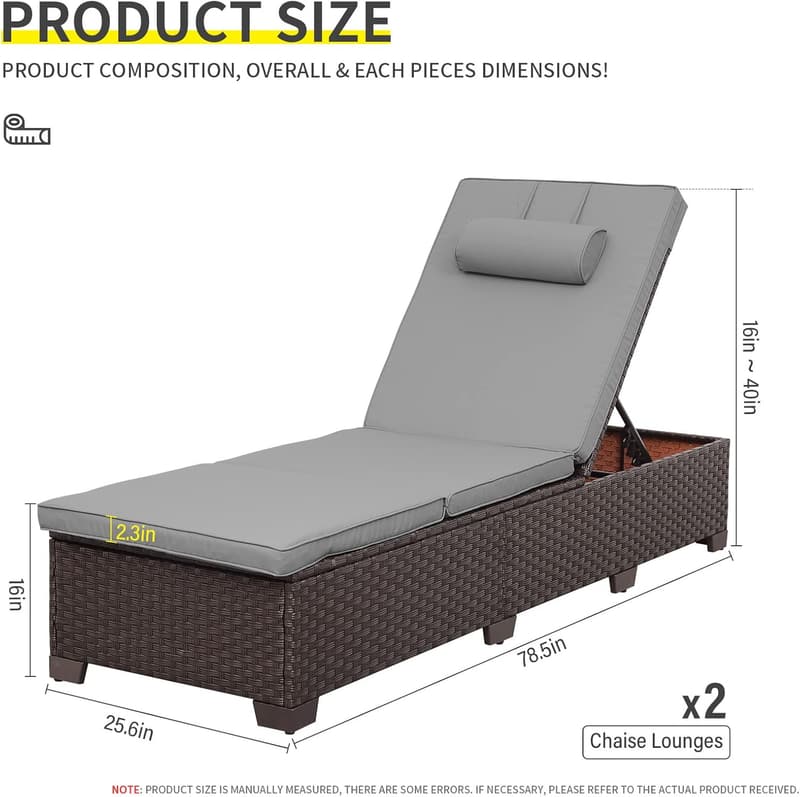 Outdoor Wicker Chaise Lounge Set with Adjustable Backrest - Set of 2