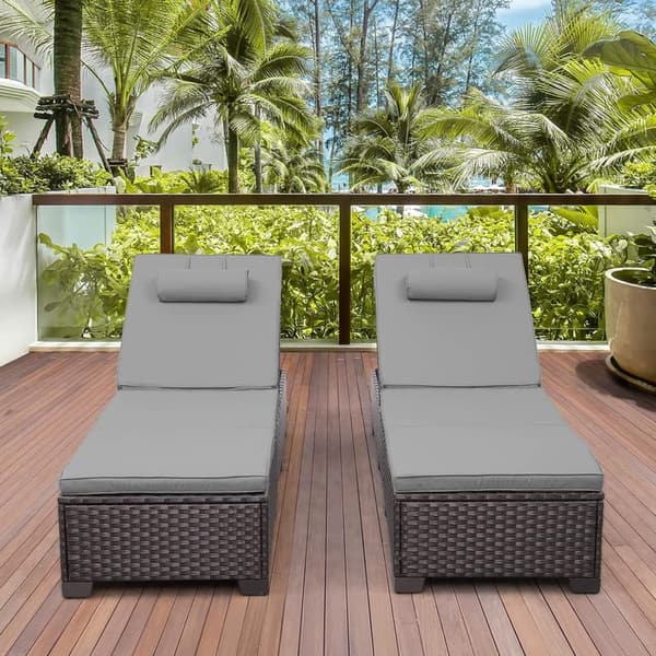 Outdoor Wicker Chaise Lounge Set with Adjustable Backrest - Set of 2