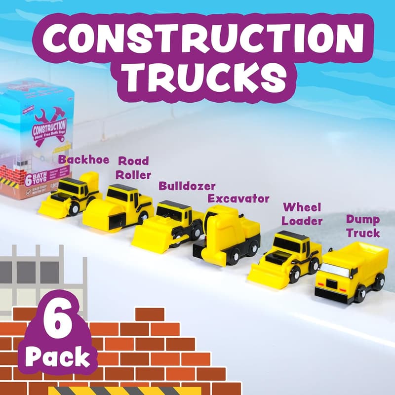 Mold-Free Bath Toys for Baby & Toddler - 6 Soft Trucks Pack