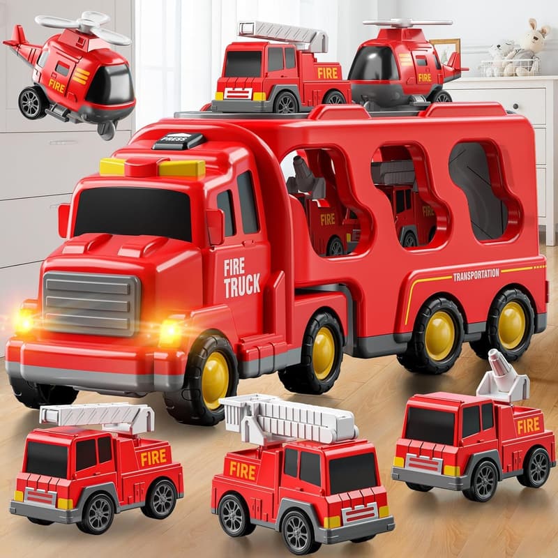 Toddler Truck Toy Set for Boys Ages 3-6, Fire Vehicle Carrier