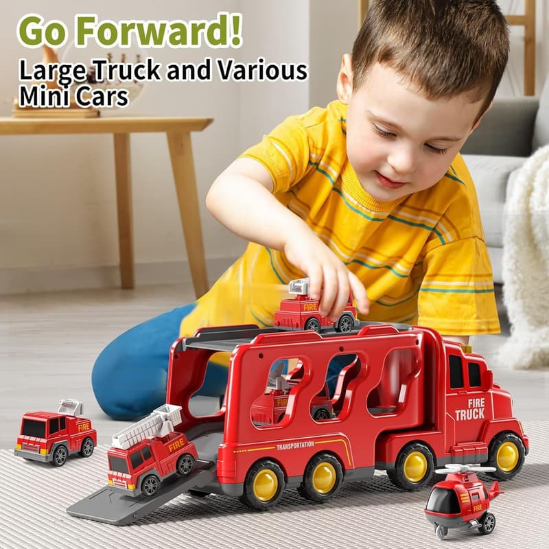 Toddler Truck Toy Set for Boys Ages 3-6, Fire Vehicle Carrier