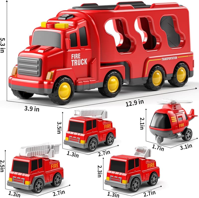 Toddler Truck Toy Set for Boys Ages 3-6, Fire Vehicle Carrier
