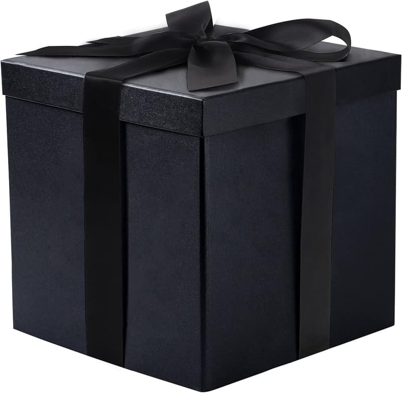 Collapsible Black Gift Box with Ribbon for Celebrations, 10x10x10 Inches