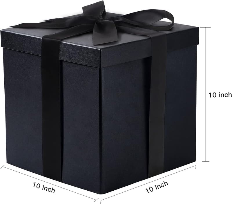 Collapsible Black Gift Box with Ribbon for Celebrations, 10x10x10 Inches