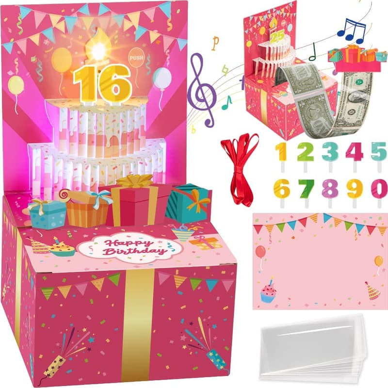 Birthday Musical Pop-Up Card with Money Roll Pull Box for Women