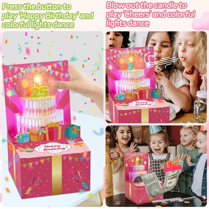 Birthday Musical Pop-Up Card with Money Roll Pull Box for Women