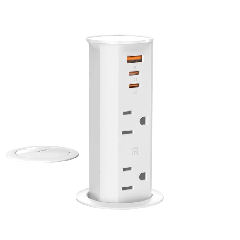 Pop-Up Countertop Outlet with USB Ports – Splashproof, White
