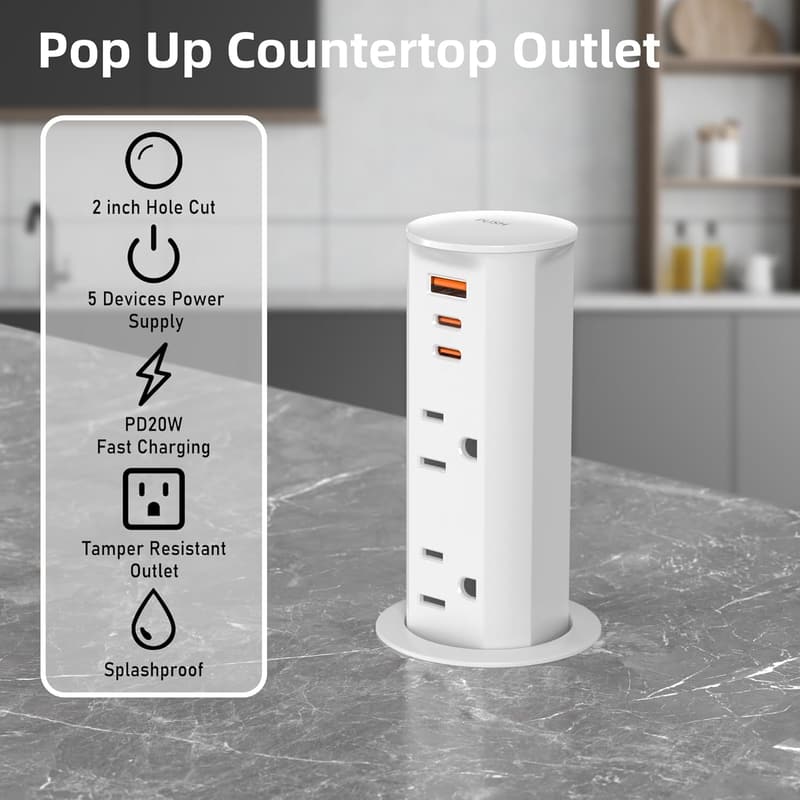Pop-Up Countertop Outlet with USB Ports – Splashproof, White