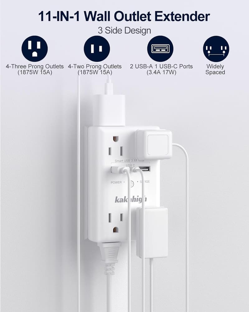 8-Way Surge Protected Wall Outlet Extender with USB Ports