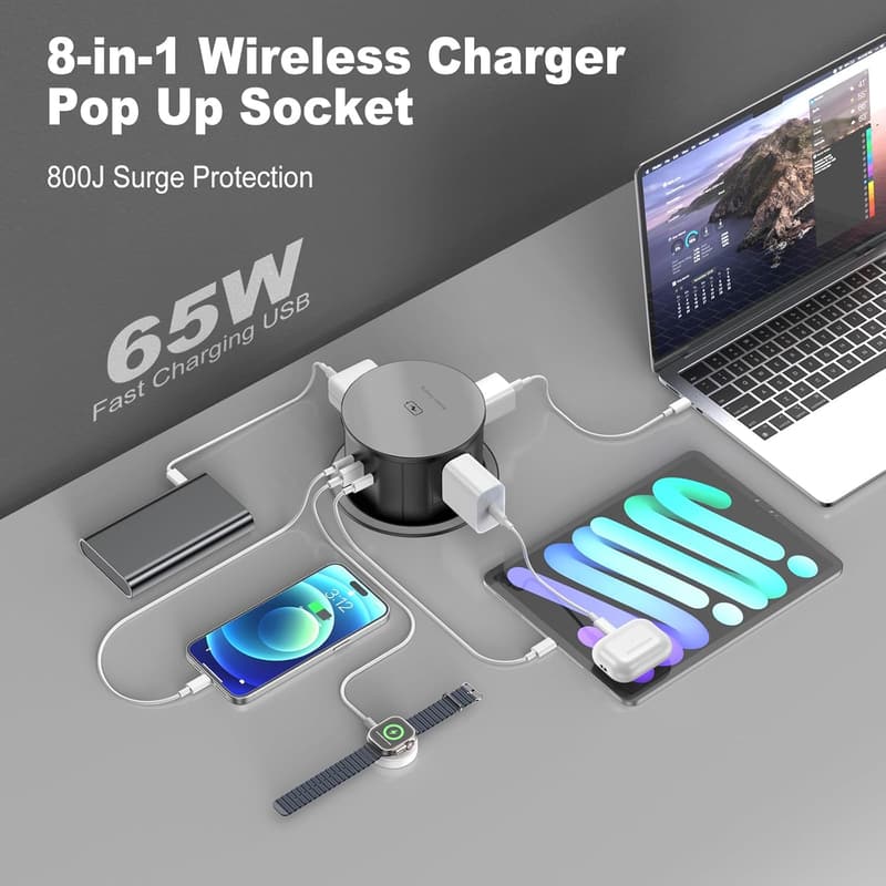 Pop Up Countertop Outlet with 15W Wireless Charger & 4 AC Ports