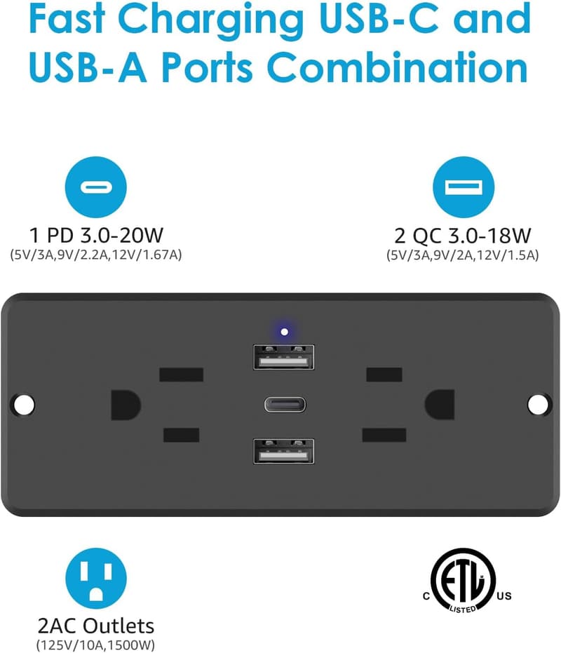 Recessed Power Strip with USB Fast Charging - 5 in 1, 6ft Cord