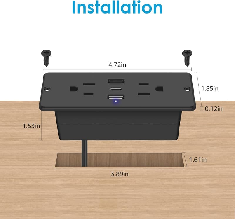 Recessed Power Strip with USB Fast Charging - 5 in 1, 6ft Cord