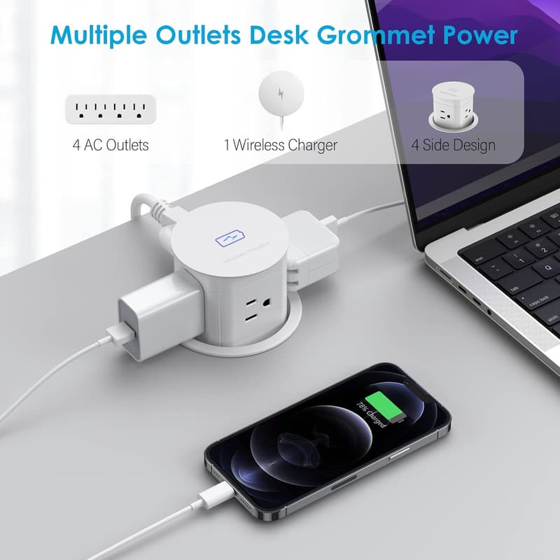 15W Wireless Charging Pop-Up Power Outlet for Desk (White)