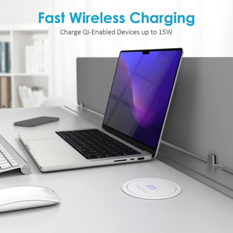 15W Wireless Charging Pop-Up Power Outlet for Desk (White)