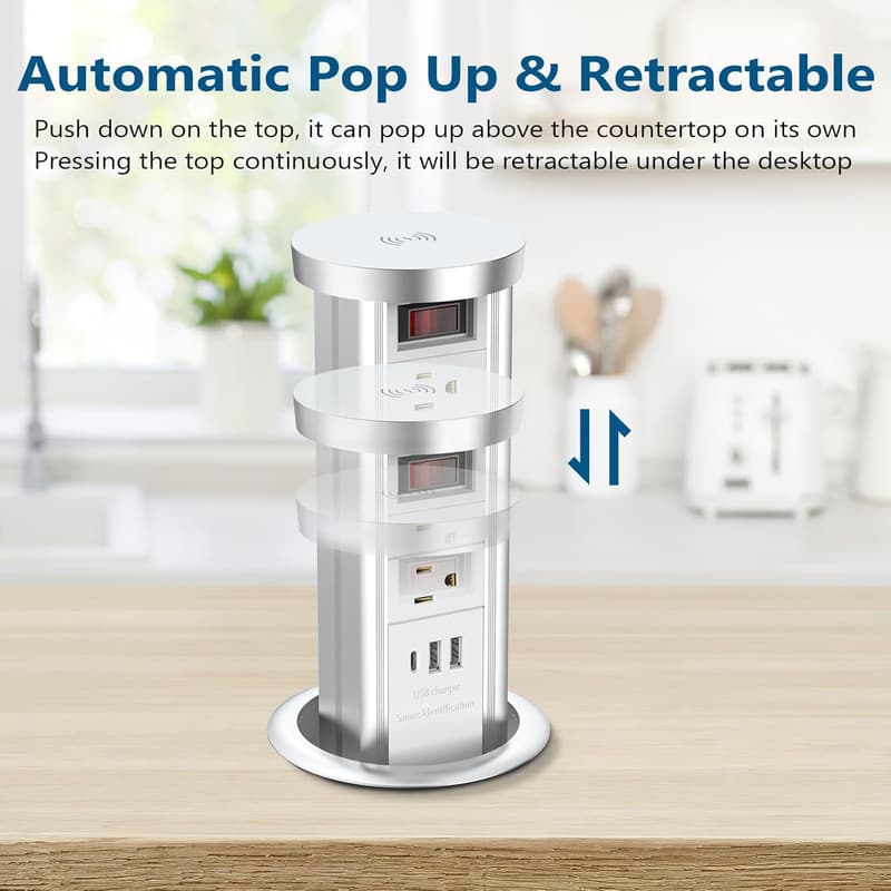 Pop-Up Outlet with USB-C & 4 AC Ports for Kitchen or Office